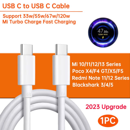 Original Usb Type C Cable 120W 90W 67W Turbo Fast Charger Mi 15 14 13 12 T Pro 11 Ultra Poco X6 X7 Redmi Note Blackshark