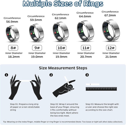 Sleep Tracker Ring with Heart Rate, Waterproof Fitness Ring for Activity Monitoring/Steps/Distance/Calories, Air Gestures, up to 7-Day Battery, for Ios Android (Silver,#12)